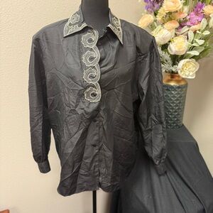 Harbour Vue 100% Silk Embellished Blouse Black Size 14